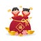 Cute boy and girl inside a huge oriental red pouch decorated with gold and cherry blossom flower