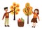 Cute boy and girl picking fruits in the basket. Autumn harvest kids at the garden
