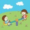 Cute boy and girl playing seesaw board