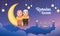 Cute boy and girl sit on crescent moon and celebrates Ramadan Kareem