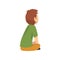 Cute Boy in Green T-Shirt Sitting on Floor and Listening, Little Preschool Kid Character, Side View Vector Illustration