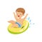 Cute boy having fun floating with lifebuoy colorful character vector Illustration
