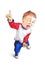 A cute boy with his tongue stuck out and his index finger raised in a gesture of attention. Funny kids illustration on