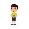 Cute boy holding apple flat vector illustration. Little asian child and little fruit.
