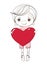 Cute boy is holding a big red heart. Doodle illustration for wedding, Valentine s Day. Children s card, sketch, linear hand