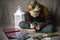 Cute boy numismatist collects old coins