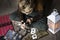 Cute boy numismatist collects old coins
