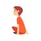 Cute Boy in Orange T-Shirt Sitting on Floor and Listening, Little Preschool Kid Character Vector Illustration