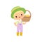 Cute Boy in Overalls, Rubber Boots and Hat with Basket of Fresh Vegetables, Young Farmer Cartoon Character Harvesting