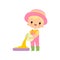 Cute Boy in Overalls, Rubber Boots and Hat Pouring Grain, Young Farmer Cartoon Character Engaged in Agricultural