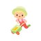 Cute Boy in Overalls, Rubber Boots and Hat Pushing Wheelbarrow, Young Farmer Cartoon Character Engaged in Agricultural