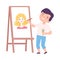 Cute Boy Painting on Canvas, Little Artist Character Drawing Mom on Easel with Paints Cartoon Style Vector Illustration