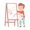 Cute Boy Painting on Canvas, Little Artist Character Drawing Space Rocket on Easel with Paints Cartoon Style Vector