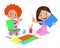 Cute boy painting and cutting colorful craft papers