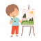 Cute Boy Painting Picture on Easel, Kids Hobby or Creative Activity Cartoon Vector Illustration