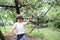 cute boy is picking fruits which are fresh peaches