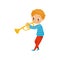 Cute boy playing trumpet, little musician character with musical instrument cartoon vector Illustration on a white