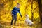 Cute boy plays with American bully puppy and teaches it new commands. Pleasant walk with beloved pet in beautiful autumn