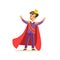 Cute boy prince in a golden crown, purple costume and red cloak, fairytale costume for party or holiday vector