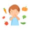 Cute Boy Refusing to Eat Vegetables, Kid Does Not Like Healthy Food Vector Illustration