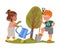 Cute Boy with Shovel and Girl with Watering Can Planting Tree Caring About Nature Vector Illustration