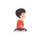 Cute boy sitting cross-legged in yoga pose, turned to the side and closed eyes vector isolated cartoon illustration