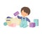 Cute Boy Sitting on Floor and Cleaning Up His Toys, Kid Doing Housework Chores at Home Vector Illustration