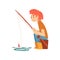 Cute Boy Sitting in Shore with Fishing Rod, Little Fisherman Cartoon Character Vector Illustration