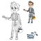 Cute boy in skeleton costume with a pumpkin bag for sweets trick or treat color and outlined