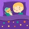 Cute boy sleeping with teddy bear. Cartoon kid in bed having sweet dreams with toy. Baby bedtime