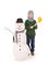 Cute boy with snowman with scarf and hat