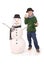 Cute boy with snowman with scarf and hat