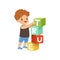 Cute boy stacking up cube tower forming a True word vector Illustration on a white background