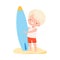 Cute Boy in Swimsuit Standing with Surfboard on Sandy Beach, Kids Summer Activities, Adorable Child Having Fun on Summer