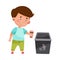 Cute Boy Throwing Cup into Trash Bin Vector Illustration