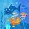 Cute boy and treasure under water. Funny shark, seascape, cartoon style scene. Nature and plants of the ocean. Vector