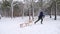 Cute boy in warm clothing run pulling wooden sled on snowy winter day. Little guy sledding in park on snowfall. Tracking