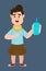 Cute boy wearing face mask and showing alcohol gel bottle. covid-19 or coronavirus concept illustration. Cute kid flat style