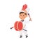 Cute boy in white traditional costume playing drum musical instrument in marching band parade cartoon vector