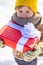 Cute boy in winter clothes hat and scarf close up. Winter holidays concept. May you have wonderful holiday. Happy new