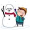 Cute boy winter clothes and snowman