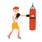 Cute boy or young boxer dressed in sportswear training with punching bag isolated on white background. Boxing workout