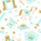 Cute boyish seamless pattern with royal cliparts. Vector blue baby background with crown and star.