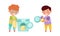 Cute boys doing laundry and washing dishes. Kids helping parents with housework, household chores cartoon vector