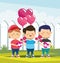 Cute boys with flowers and heart ballons, colorful design