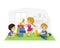 Cute Boys and Girl Sitting on Floor and Playing with Blocks in Playroom, Kids Kindergarten Activities Vector