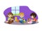 Cute Boys and Girl Sitting on Floor and Playing with Toys in Playroom, Kids Kindergarten Activities Vector Illustration