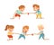 Cute boys and girls pulling rope set. Tug of war competition between teams of children. Kids sports activity vector