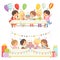 Cute Boys and Girls Sitting at Festive Table with Cake and Balloons Set, Happy Kids at Birthday Party Vector