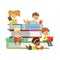 Cute boys and girls sitting on a pile of books and reading books, kids enjoying reading, colorful characters vector